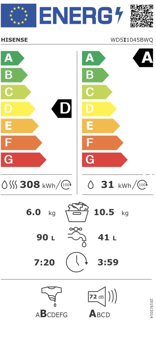 Hisense 10,5/6 kg WD5I1045BWQ – mașină de spălat cu uscător, Clasa A, 1400 rpm, Auto Dosing, Wi-Fi, abur