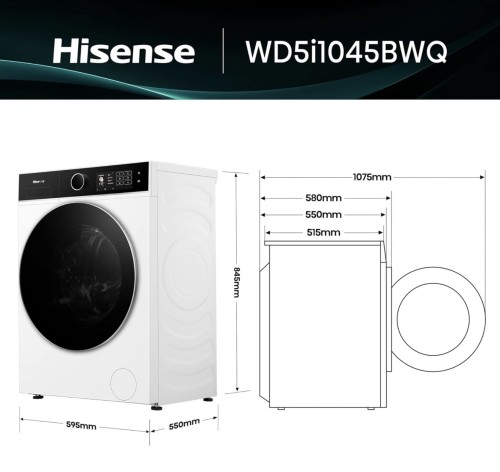 Hisense 10,5/6 kg WD5I1045BWQ – mașină de spălat cu uscător, Clasa A, 1400 rpm, Auto Dosing, Wi-Fi, abur