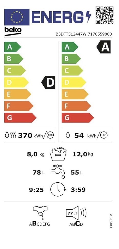 Beko 12/8 kg B3DFT512447W – Mașină de spălat rufe cu uscător, clasa A spălare / D spălare și uscare, import Germania 🇩🇪